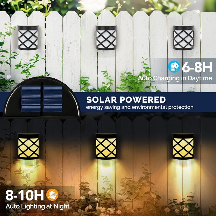 Picture of Solpex Solar Fence Lights, 4 Pack Wall Lights Decoration, 6 LED Waterproof for Fence, Deck, Patio, Stairs, Yard, Pathway (Warm White) [Energy Class A++]