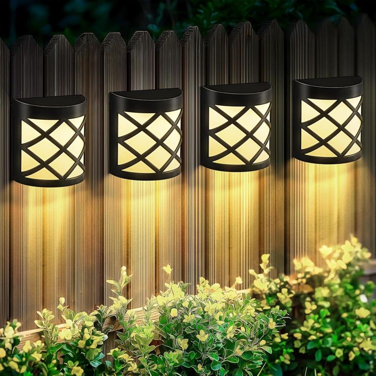 Picture of Solpex Solar Fence Lights, 4 Pack Wall Lights Decoration, 6 LED Waterproof for Fence, Deck, Patio, Stairs, Yard, Pathway (Warm White) [Energy Class A++]
