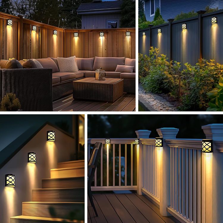 Picture of Solpex Solar Fence Lights, 4 Pack Wall Lights Decoration, 6 LED Waterproof for Fence, Deck, Patio, Stairs, Yard, Pathway (Warm White) [Energy Class A++]
