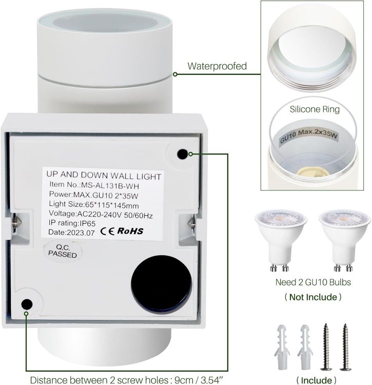 Picture of EBION Outdoor Wall Lights,Up Down Outside Lights Mains Powered IP65 Waterproof,Aluminium White Exterior Wall Sconce,GU10 Garden Wall Lamp for Indoor,Front Door,Garage,Porch,Patio