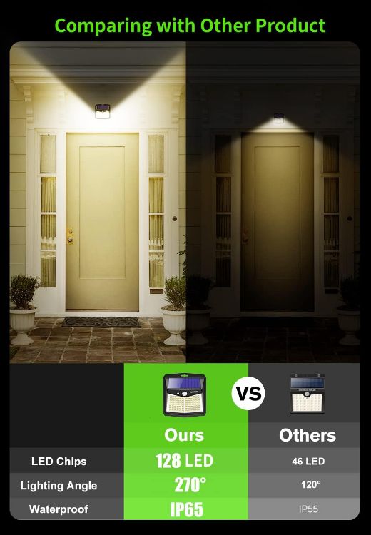 Picture of CLAONER Solar Warm white Lights Outdoor, Upgraded Wireless Solar Motion Sensor Security Light 270° Solar Powered Lights IP65 Wall Light for Front Door, Yard, Garage, Garden