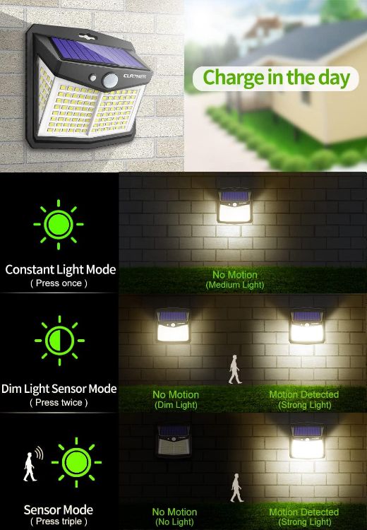 Picture of CLAONER Solar Warm white Lights Outdoor, Upgraded Wireless Solar Motion Sensor Security Light 270° Solar Powered Lights IP65 Wall Light for Front Door, Yard, Garage, Garden