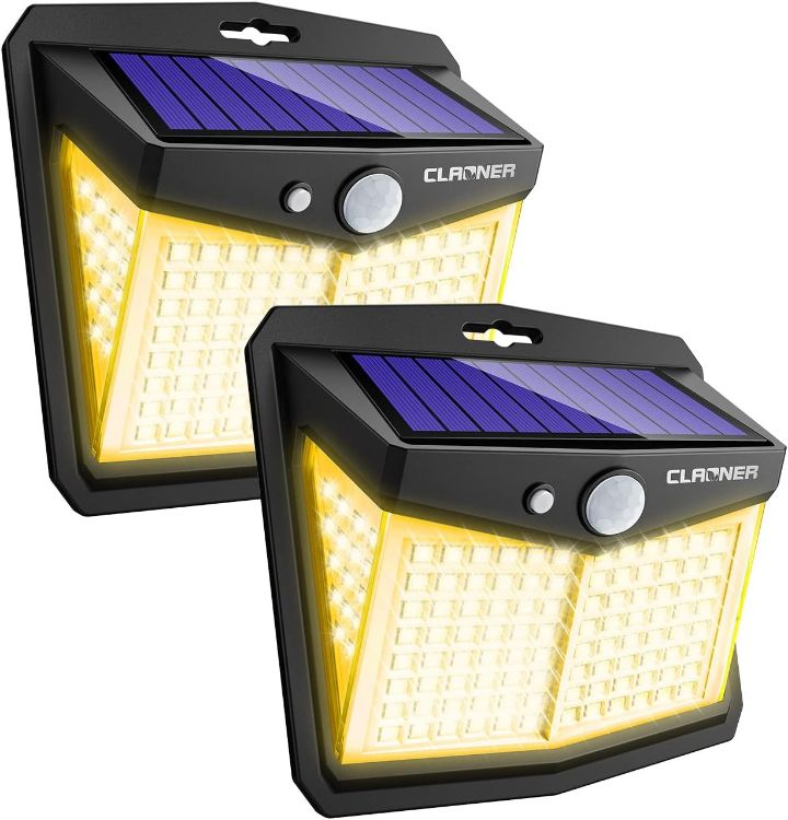 Picture of CLAONER Solar Warm white Lights Outdoor, Upgraded Wireless Solar Motion Sensor Security Light 270° Solar Powered Lights IP65 Wall Light for Front Door, Yard, Garage, Garden