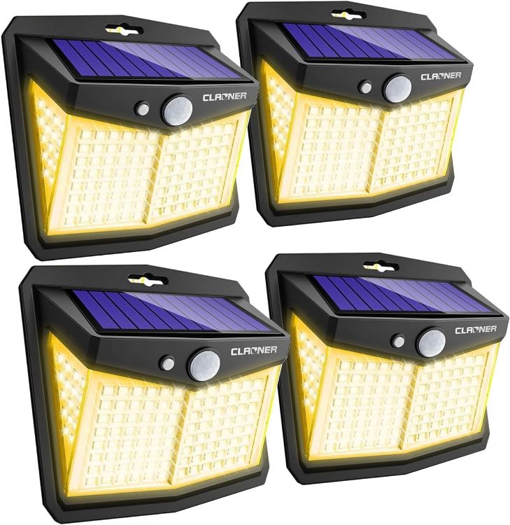 Picture of CLAONER Solar Warm white Lights Outdoor, Upgraded Wireless Solar Motion Sensor Security Light 270° Solar Powered Lights IP65 Wall Light for Front Door, Yard, Garage, Garden