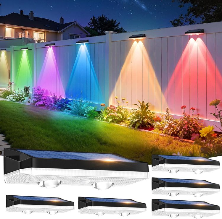 Picture of Solar Fence Lights, 6pcs Solar Lights Outdoor Garden Waterproof IP65,11 Colors 13 Modes RGB Garden Light, Solar Powered Outdoor Light for The Fence,Patio, Backyard,Yard & Pathway Decoration [Energy Class A]