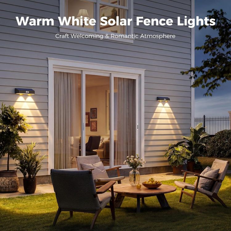 Picture of Kolpop Solar Fence Lights Outdoor Garden, 4 Pack Solar Motion Sensor Lights, 3 Modes Fence Lights Solar Powered, Waterproof Wall Lights for Patio, Yard, Gate, Step, Pool, Garage, Deck Decoration [Energy Class E]