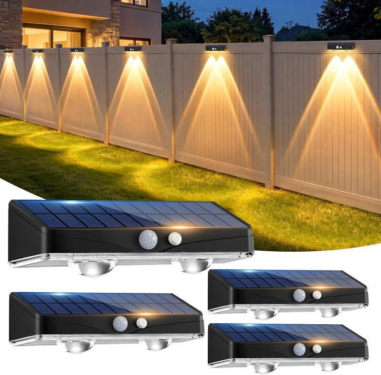 Picture of Kolpop Solar Fence Lights Outdoor Garden, 4 Pack Solar Motion Sensor Lights, 3 Modes Fence Lights Solar Powered, Waterproof Wall Lights for Patio, Yard, Gate, Step, Pool, Garage, Deck Decoration [Energy Class E]