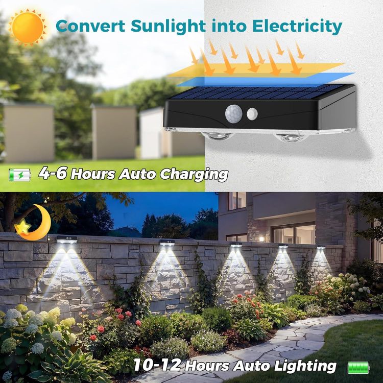 Picture of Kolpop Solar Fence Lights Outdoor Garden, 2 Pack Solar Motion Sensor Lights, 3 Modes Fence Lights Solar Powered, Waterproof Wall Lights for Patio, Yard, Gate, Step, Pool, Decoration, Cool White