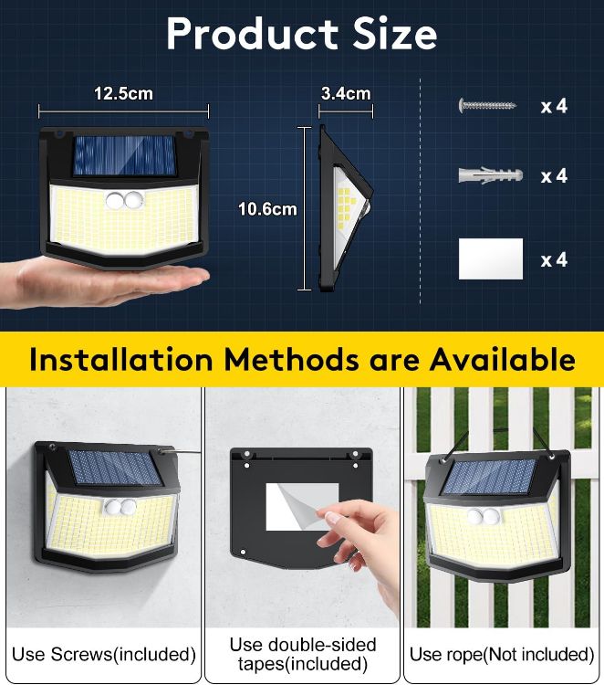 Picture of Solar Lights Outdoor Garden 248 LED Solar Security Light 3 Motion Sensor Modes and 270 Wide Angle Lighting IP65 Waterproof Outside Solar Powered Wall Lights for Fence Front Door Yard Garage 4 Pack [Energy Class A+++]