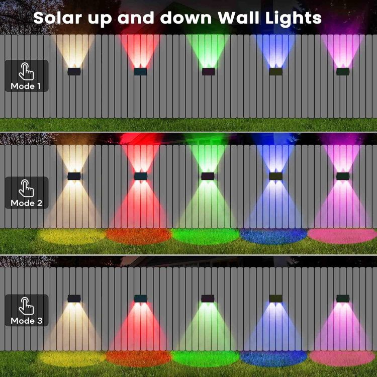 Picture of Solar Wall Lights Outdoor – Dual-Colour (Warm White + RGB) Up/Down Lighting, IP67 Waterproof, 12H Runtime for Gardens, Fences & Heritage-Style Homes, 2Pack [Energy Class A]