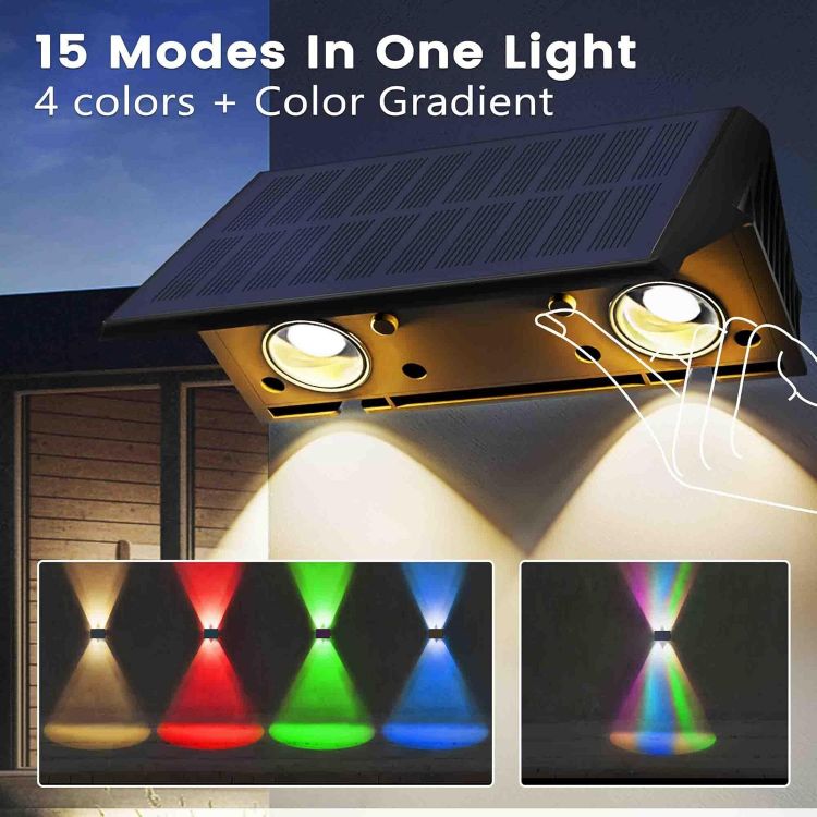 Picture of Solar Wall Lights Outdoor – Dual-Colour (Warm White + RGB) Up/Down Lighting, IP67 Waterproof, 12H Runtime for Gardens, Fences & Heritage-Style Homes, 2Pack [Energy Class A]
