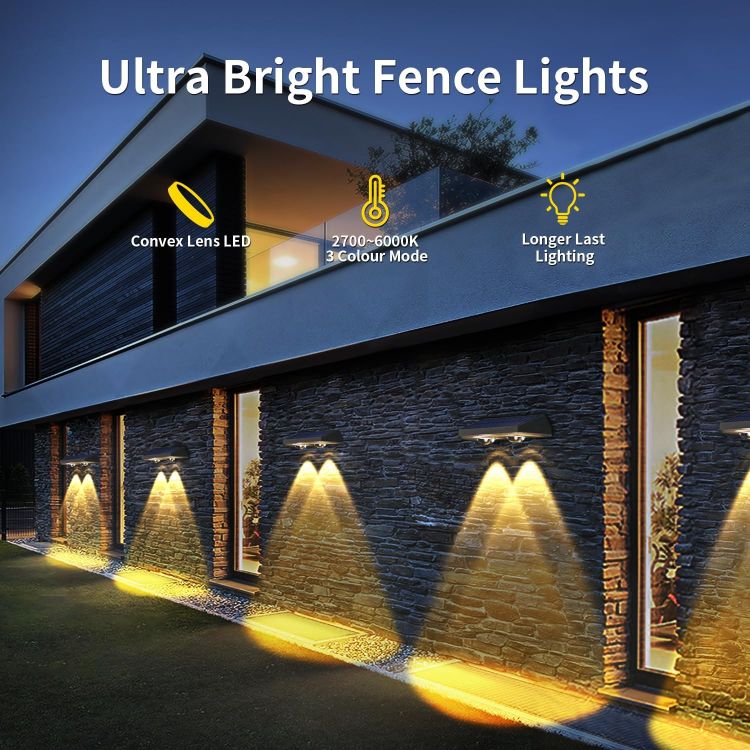 Picture of HAMLITE Solar Fence Lights Outdoor Garden: Solar Wall Lights Outdoor Waterproof - Solar Powered Garden Fence Lights 3 Color Modes for Deck Patio Decking Gate Yard Decoration 2-Pack [Energy Class F]