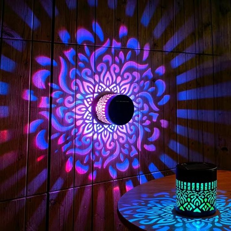 Picture of Solar Mandala Wall Lights for Garden, 7 Color Changing Decorative Solar Lamp | Garden Lights Solar Powered Waterproof Metal Fence Mandala Projection Lamp for Outdoor Yard Patio Backyard Post [Energy Class A]