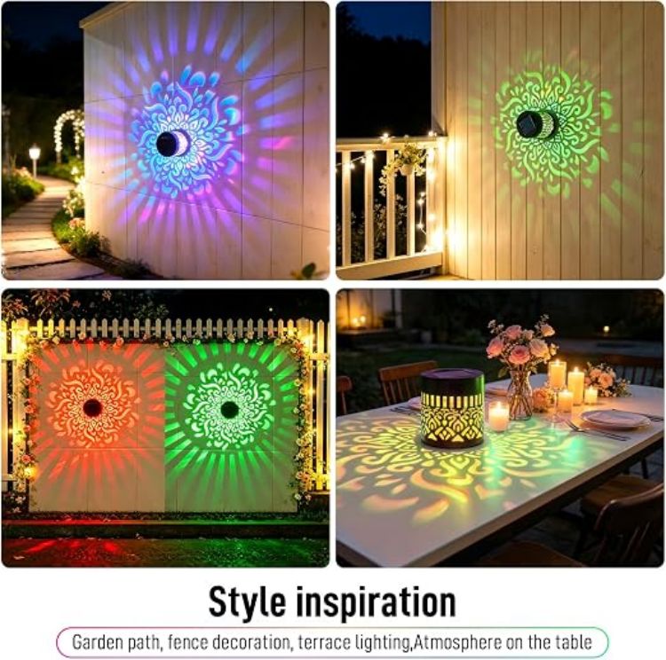 Picture of Solar Mandala Wall Lights for Garden, 7 Color Changing Decorative Solar Lamp | Garden Lights Solar Powered Waterproof Metal Fence Mandala Projection Lamp for Outdoor Yard Patio Backyard Post [Energy Class A]