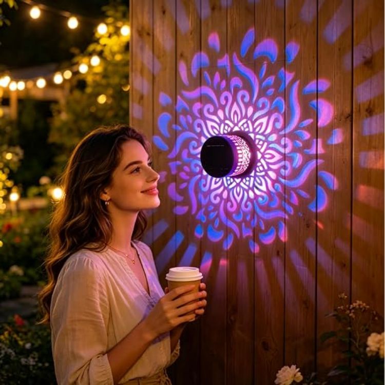 Picture of Solar Mandala Wall Lights for Garden, 7 Color Changing Decorative Solar Lamp | Garden Lights Solar Powered Waterproof Metal Fence Mandala Projection Lamp for Outdoor Yard Patio Backyard Post [Energy Class A]