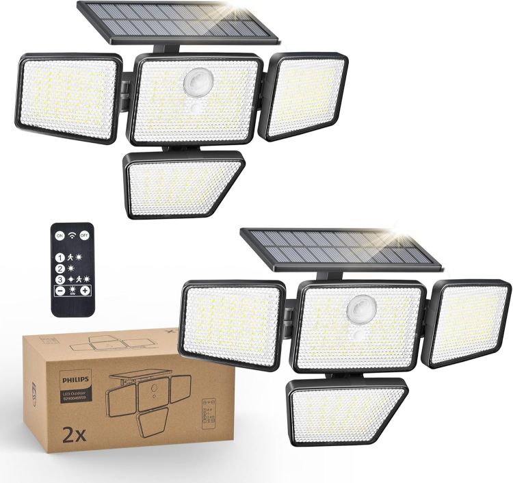 Picture of Philips Solar Security Light Outdoor, 196 LED Wall-Mounted Flood Light w/PIR Motion Sensor, 3 Modes, 4 Adjustable Heads Solar-Powered Floodlights with Remote Control, IP65 Waterproof