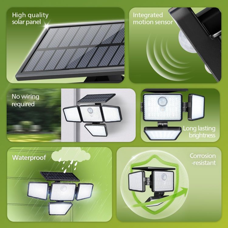 Picture of Philips Solar Security Light Outdoor, 196 LED Wall-Mounted Flood Light w/PIR Motion Sensor, 3 Modes, 4 Adjustable Heads Solar-Powered Floodlights with Remote Control, IP65 Waterproof