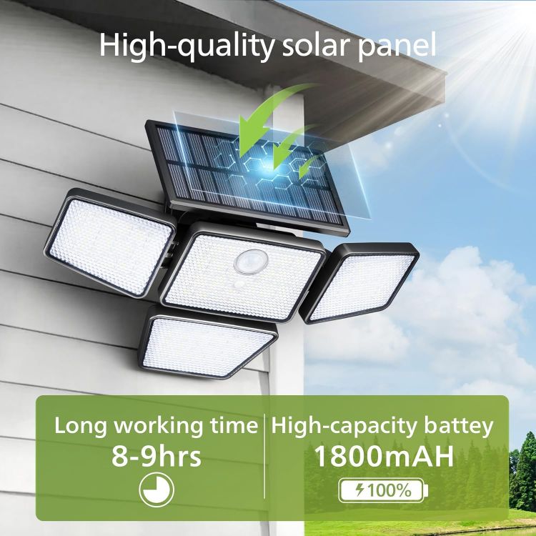 Picture of Philips Solar Security Light Outdoor, 196 LED Wall-Mounted Flood Light w/PIR Motion Sensor, 3 Modes, 4 Adjustable Heads Solar-Powered Floodlights with Remote Control, IP65 Waterproof