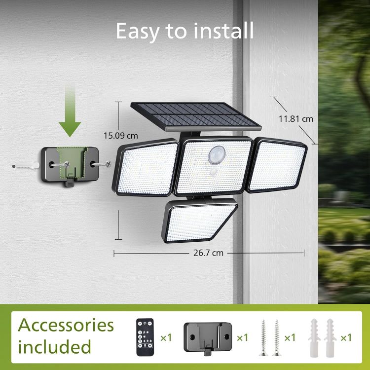 Picture of Philips Solar Security Light Outdoor, 196 LED Wall-Mounted Flood Light w/PIR Motion Sensor, 3 Modes, 4 Adjustable Heads Solar-Powered Floodlights with Remote Control, IP65 Waterproof