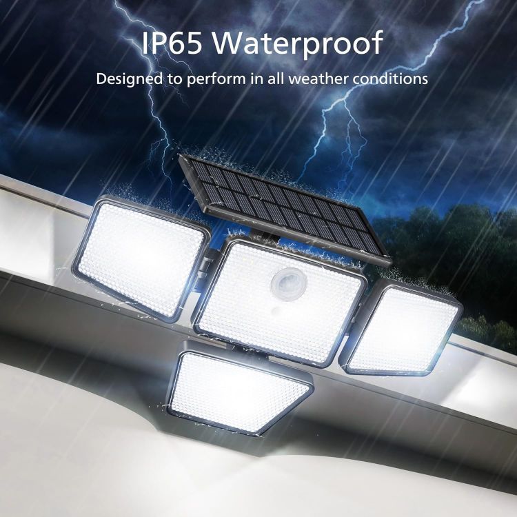Picture of Philips Solar Security Light Outdoor, 196 LED Wall-Mounted Flood Light w/PIR Motion Sensor, 3 Modes, 4 Adjustable Heads Solar-Powered Floodlights with Remote Control, IP65 Waterproof