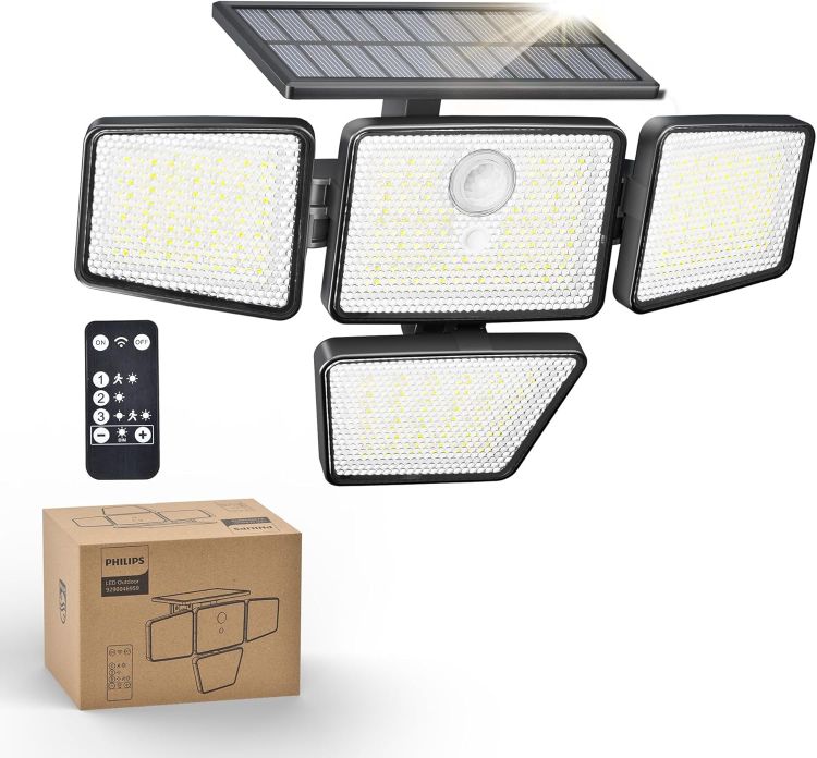 Picture of Philips Solar Security Light Outdoor, 196 LED Wall-Mounted Flood Light w/PIR Motion Sensor, 3 Modes, 4 Adjustable Heads Solar-Powered Floodlights with Remote Control, IP65 Waterproof