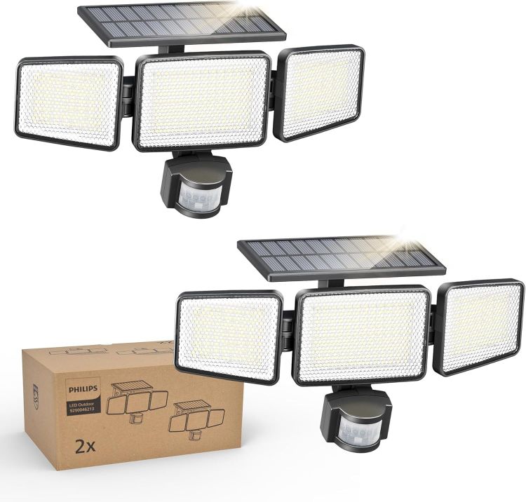 Picture of Philips Solar Security Light Outdoor Light 302 LEDs 1200lm, Solar-Powered Waterproof Wall-Mounted Flood Light w/PIR Motion Sensor, 3 Heads, IP65 Waterproof, 3 Modes 