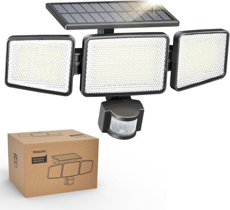 Picture of Philips Solar Security Light Outdoor Light 302 LEDs 1200lm, Solar-Powered Waterproof Wall-Mounted Flood Light w/PIR Motion Sensor, 3 Heads, IP65 Waterproof, 3 Modes 