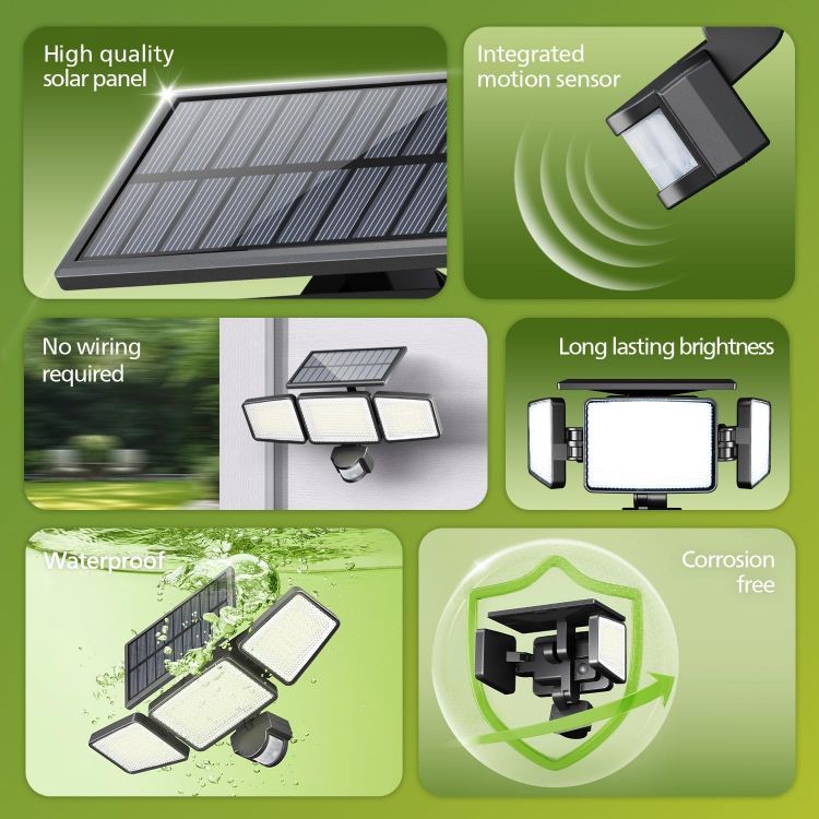 Picture of Philips Solar Security Light Outdoor Light 302 LEDs 1200lm, Solar-Powered Waterproof Wall-Mounted Flood Light w/PIR Motion Sensor, 3 Heads, IP65 Waterproof, 3 Modes 