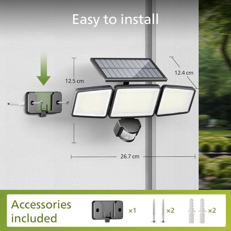 Picture of Philips Solar Security Light Outdoor Light 302 LEDs 1200lm, Solar-Powered Waterproof Wall-Mounted Flood Light w/PIR Motion Sensor, 3 Heads, IP65 Waterproof, 3 Modes 