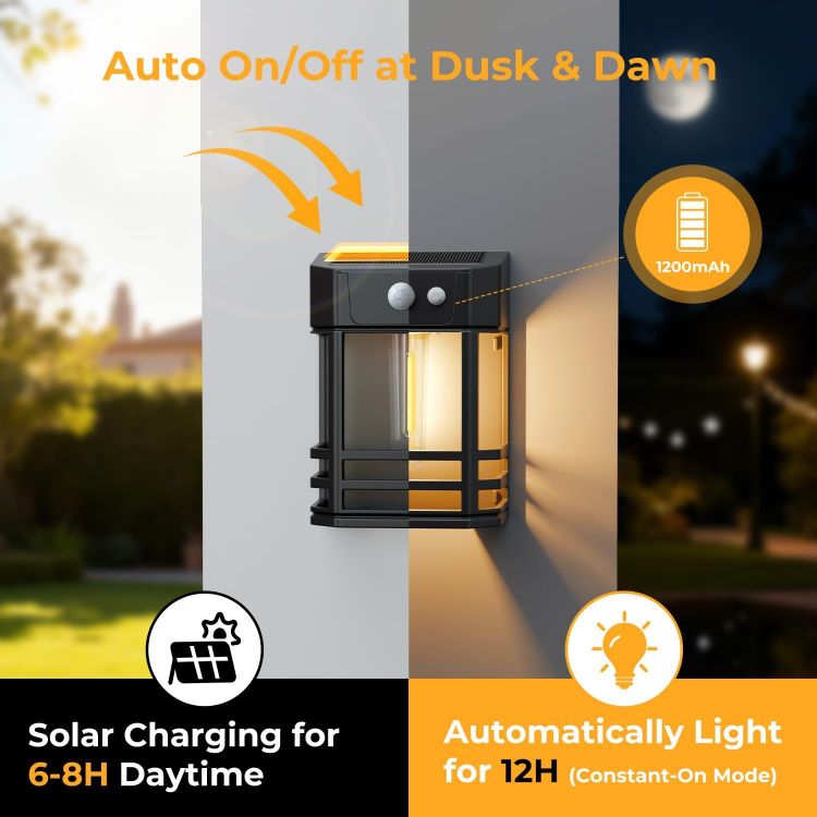 Picture of btfarm 2 Pack Solar Wall Fence Lights Outdoor Motion Sensor with 3 Mode | Retro Design, IP65 Waterproof, Garden Security Lighting for Deck Porch Patio Gate Yard Decoration, Warm White [Energy Class A+++]