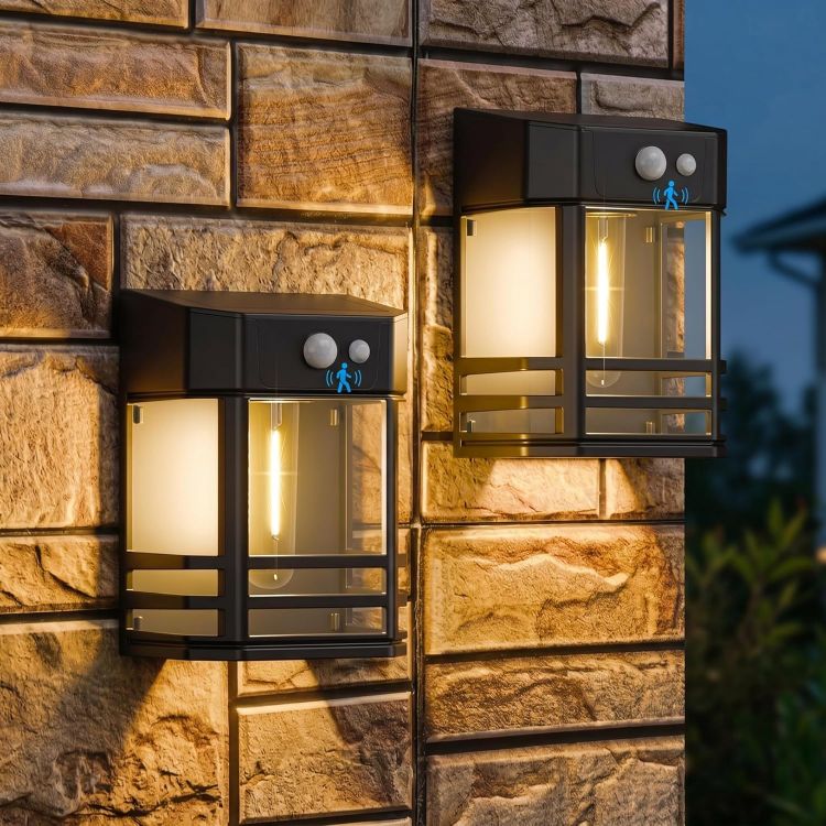 Picture of btfarm 2 Pack Solar Wall Fence Lights Outdoor Motion Sensor with 3 Mode | Retro Design, IP65 Waterproof, Garden Security Lighting for Deck Porch Patio Gate Yard Decoration, Warm White [Energy Class A+++]