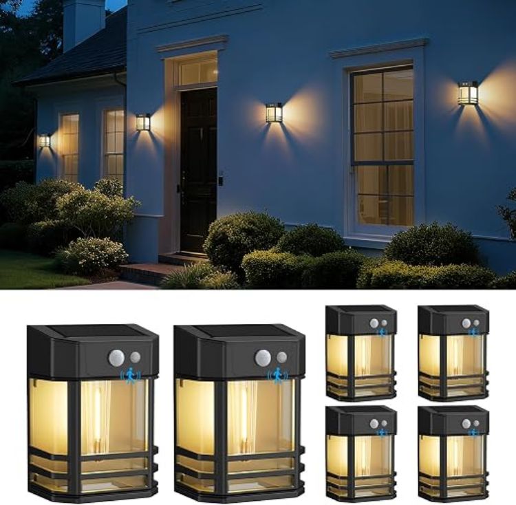 Picture of btfarm 2 Pack Solar Wall Fence Lights Outdoor Motion Sensor with 3 Mode | Retro Design, IP65 Waterproof, Garden Security Lighting for Deck Porch Patio Gate Yard Decoration, Warm White [Energy Class A+++]