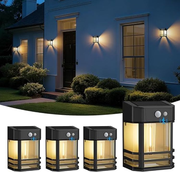 Picture of btfarm 2 Pack Solar Wall Fence Lights Outdoor Motion Sensor with 3 Mode | Retro Design, IP65 Waterproof, Garden Security Lighting for Deck Porch Patio Gate Yard Decoration, Warm White [Energy Class A+++]