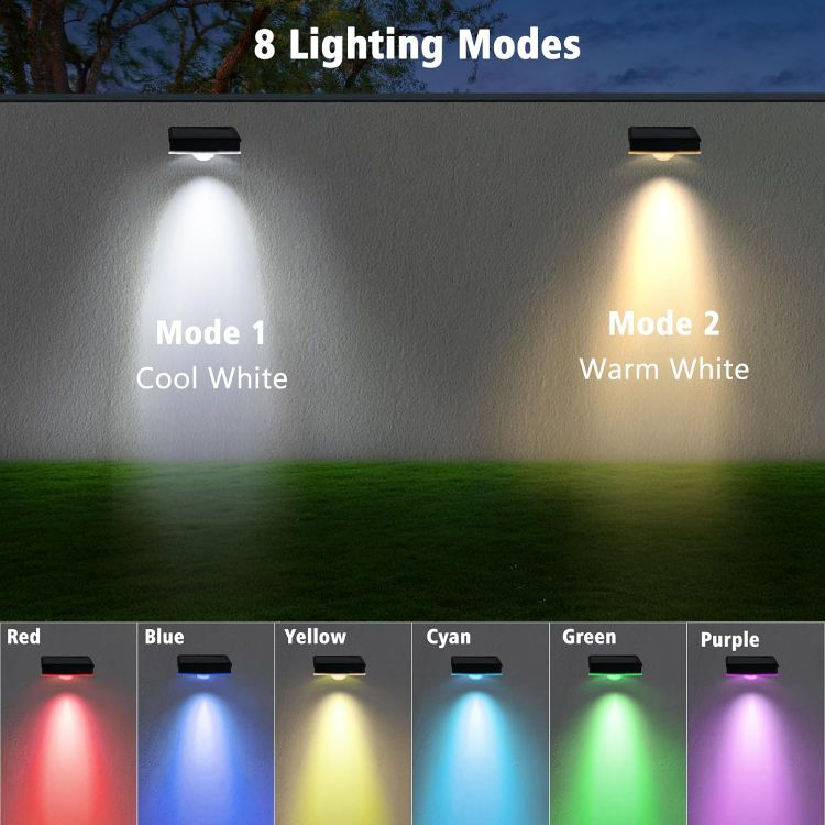 Picture of echosari Solar Fence Lights Outdoor, 8 Pack Solar Wall Lights Outdoor Waterproof IP65, 8 Colors RGB Solar Powered Garden Fence Lights for Patio Backyard Decking Porch Gate Garage Decorations [Energy Class C]