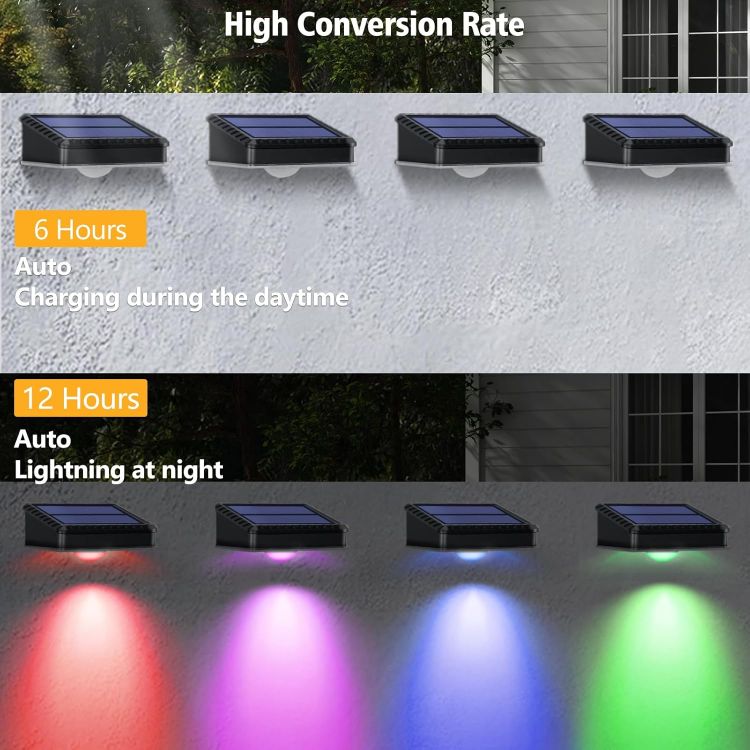 Picture of echosari Solar Fence Lights Outdoor, 8 Pack Solar Wall Lights Outdoor Waterproof IP65, 8 Colors RGB Solar Powered Garden Fence Lights for Patio Backyard Decking Porch Gate Garage Decorations [Energy Class C]