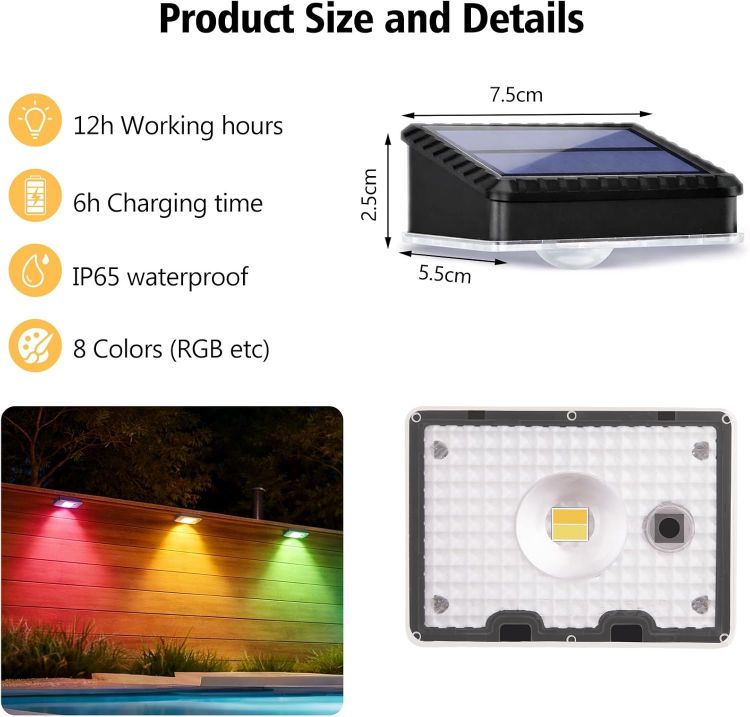 Picture of echosari Solar Fence Lights Outdoor, 8 Pack Solar Wall Lights Outdoor Waterproof IP65, 8 Colors RGB Solar Powered Garden Fence Lights for Patio Backyard Decking Porch Gate Garage Decorations [Energy Class C]