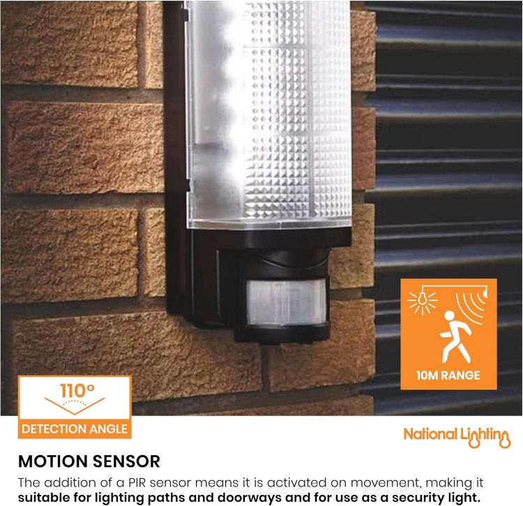 Picture of National Lighting Motion Outdoor Lights Mains Powered - PIR Lights Outdoor - Bulkhead Wall Lights with Motion Sensor - IP44 Rated Security Lights - Black Finish - E27 LED Compatible [Energy Class A]