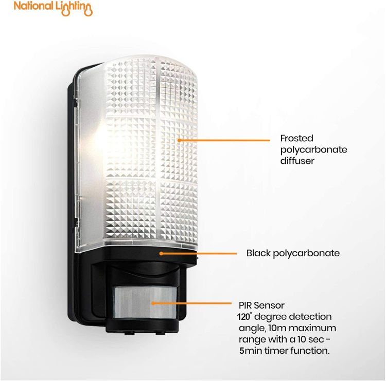 Picture of Motion Outdoor Lights Mains Powered - PIR Lights Outdoor - Bulkhead Wall Lights with Motion Sensor - IP44 Rated Security Lights - White Finish - E27 LED Compatible [Energy Class A]