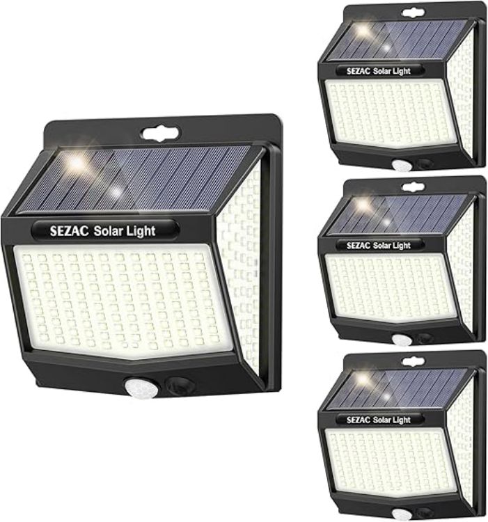 Picture of SEZAC Solar Lights Outdoor Garden,218 LED Super Bright Motion Sensor Lights Outdoor Solar Powered,270° Wide Angle IP65 Waterproof Outside Security Wall Lights for Fence,Yard,Garage,Driveway (4 Pack) [Energy Class A+++]