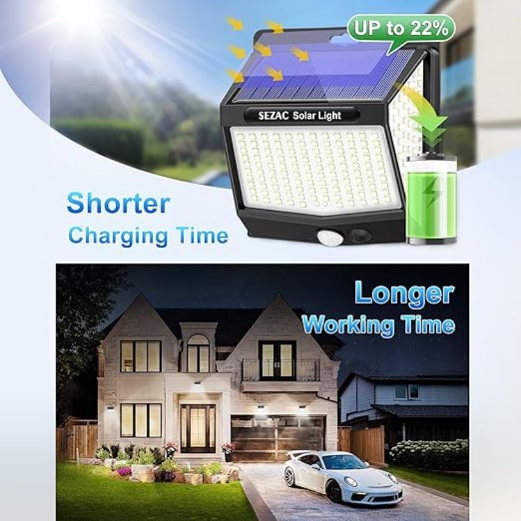 Picture of SEZAC Solar Lights Outdoor Garden,218 LED Super Bright Motion Sensor Lights Outdoor Solar Powered,270° Wide Angle IP65 Waterproof Outside Security Wall Lights for Fence,Yard,Garage,Driveway (4 Pack) [Energy Class A+++]