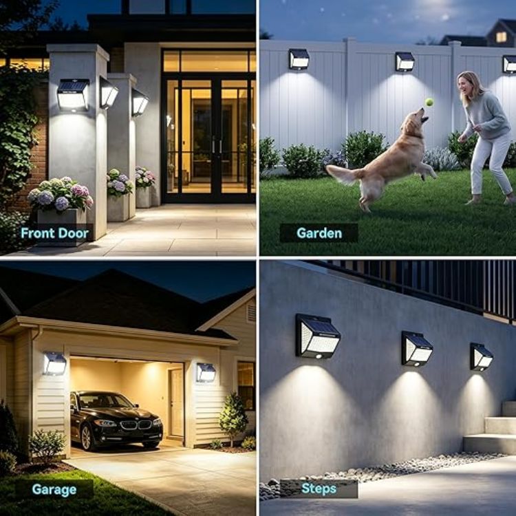 Picture of SEZAC Solar Lights Outdoor Garden,218 LED Super Bright Motion Sensor Lights Outdoor Solar Powered,270° Wide Angle IP65 Waterproof Outside Security Wall Lights for Fence,Yard,Garage,Driveway (4 Pack) [Energy Class A+++]