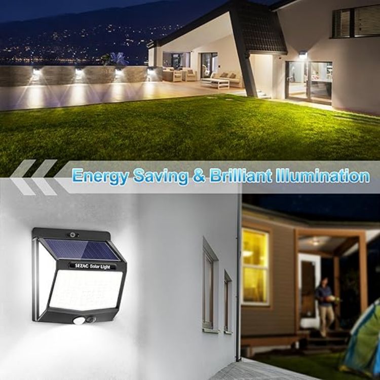 Picture of SEZAC Solar Lights Outdoor Garden,218 LED Super Bright Motion Sensor Lights Outdoor Solar Powered,270° Wide Angle IP65 Waterproof Outside Security Wall Lights for Fence,Yard,Garage,Driveway (4 Pack) [Energy Class A+++]