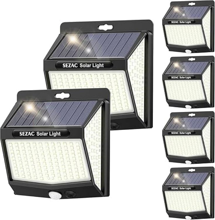 Picture of SEZAC 218 LED Solar Lights Outdoor Garden, 270° Wide Angle Motion Sensor Lights Solar Powered, IP65 Waterproof Security Wall Light for Fence Yard Garage Driveway (6 Pack) 