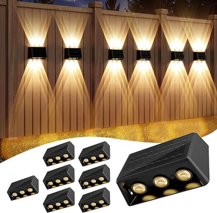 Picture of Quntis 6 Lens Large Up Down Solar Fence Lights Outdoor, 4Pack Warm White & RGB Wall Lights 13 Modes Auto Cycle, 12H Runtime IP65 Waterproof Led Solar Lights for Garden Patio Deck Courtyards Gate Step