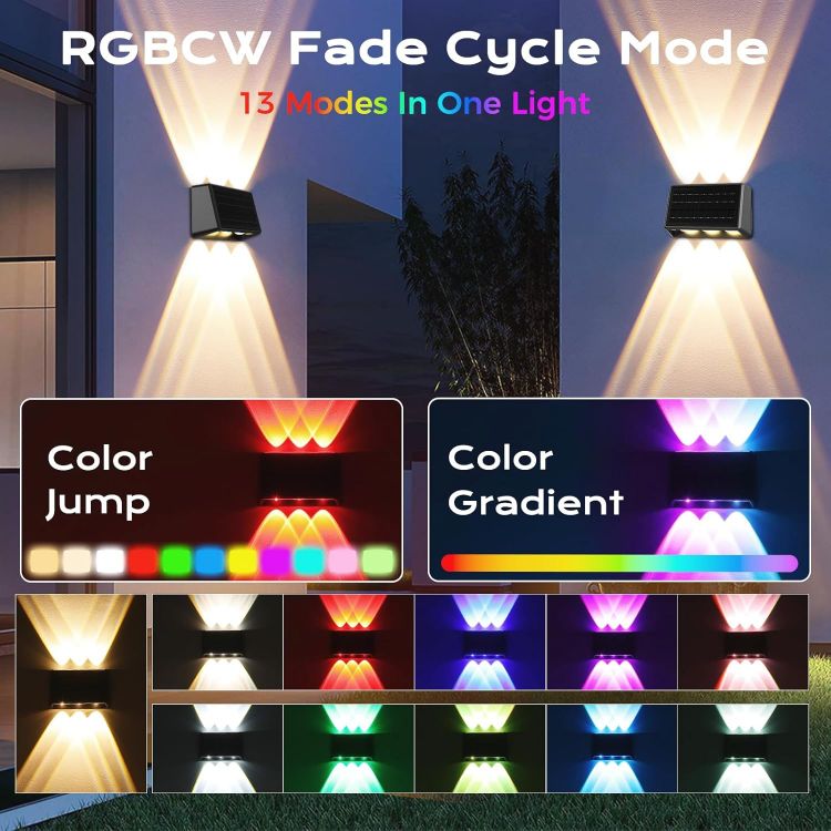 Picture of Quntis 6 Lens Large Up Down Solar Fence Lights Outdoor, 4Pack Warm White & RGB Wall Lights 13 Modes Auto Cycle, 12H Runtime IP65 Waterproof Led Solar Lights for Garden Patio Deck Courtyards Gate Step