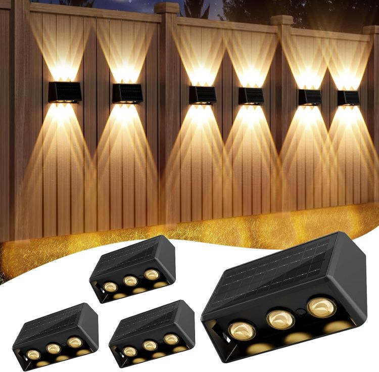 Picture of Quntis 6 Lens Large Up Down Solar Fence Lights Outdoor, 4Pack Warm White & RGB Wall Lights 13 Modes Auto Cycle, 12H Runtime IP65 Waterproof Led Solar Lights for Garden Patio Deck Courtyards Gate Step