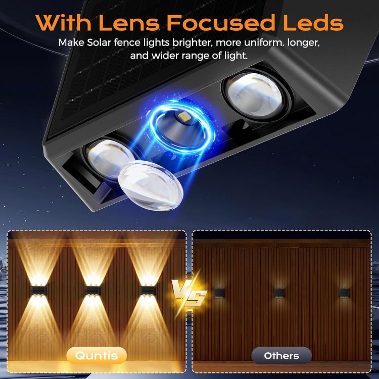Picture of Quntis 6 Lens Large Up Down Solar Fence Lights Outdoor, 4Pack Warm White & RGB Wall Lights 13 Modes Auto Cycle, 12H Runtime IP65 Waterproof Led Solar Lights for Garden Patio Deck Courtyards Gate Step