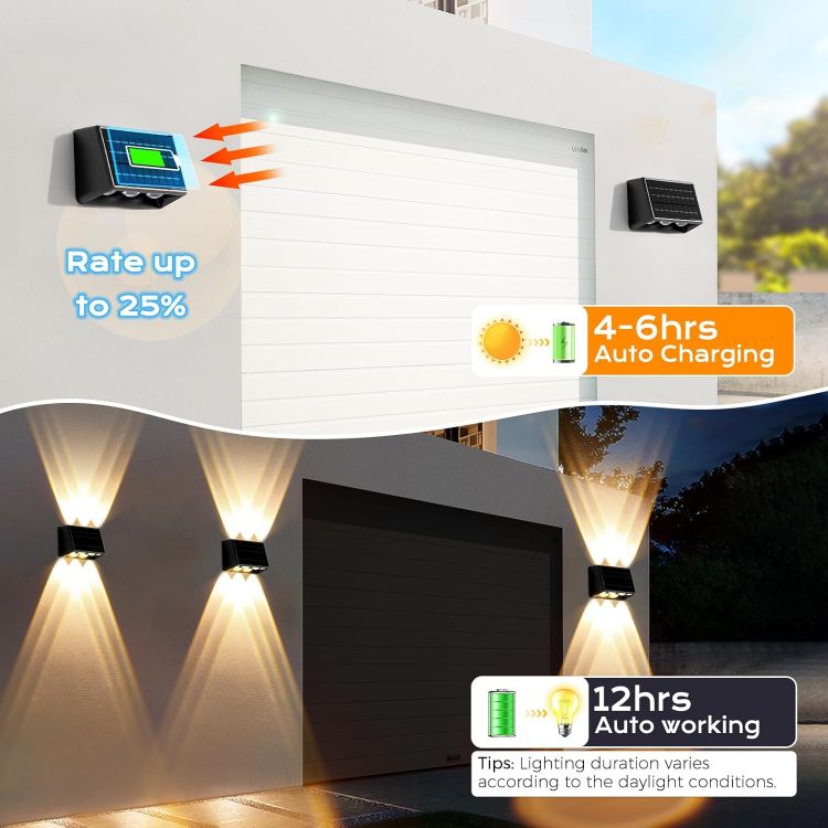 Picture of Quntis 6 Lens Large Up Down Solar Fence Lights Outdoor, 4Pack Warm White & RGB Wall Lights 13 Modes Auto Cycle, 12H Runtime IP65 Waterproof Led Solar Lights for Garden Patio Deck Courtyards Gate Step