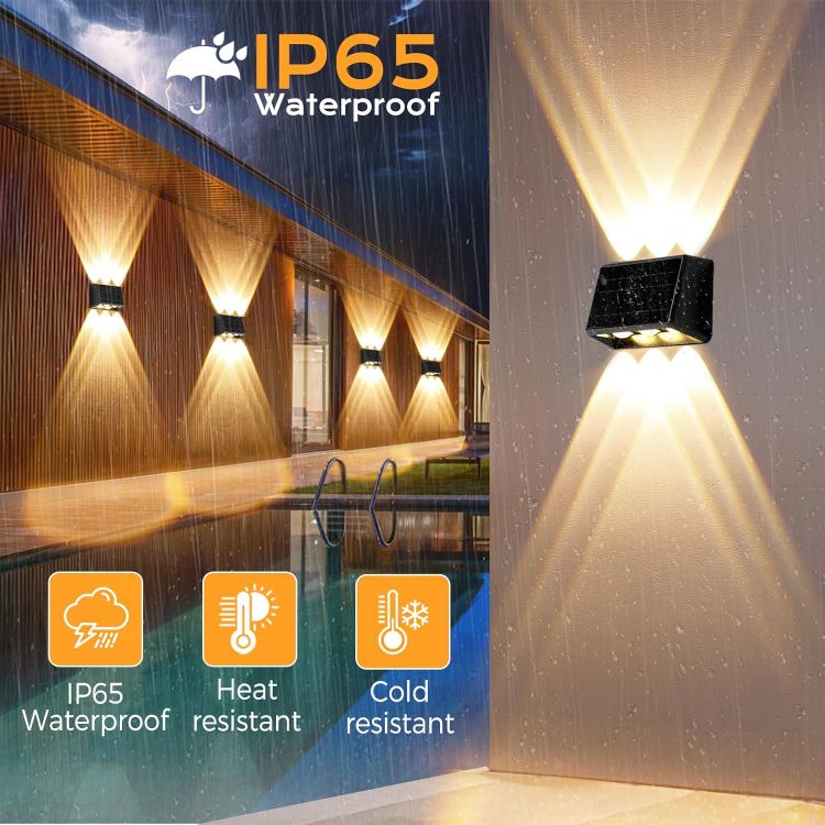 Picture of Quntis 6 Lens Large Up Down Solar Fence Lights Outdoor, 4Pack Warm White & RGB Wall Lights 13 Modes Auto Cycle, 12H Runtime IP65 Waterproof Led Solar Lights for Garden Patio Deck Courtyards Gate Step