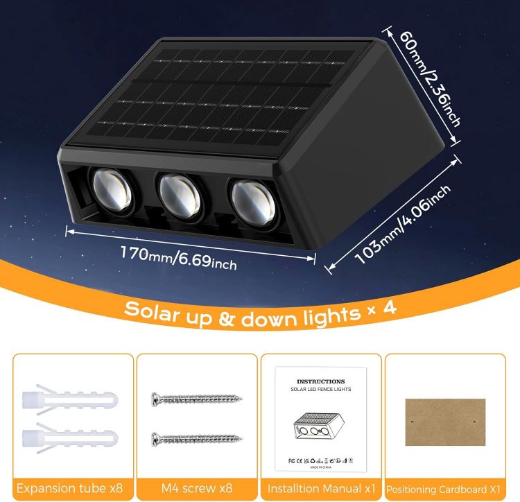Picture of Quntis 6 Lens Large Up Down Solar Fence Lights Outdoor, 4Pack Warm White & RGB Wall Lights 13 Modes Auto Cycle, 12H Runtime IP65 Waterproof Led Solar Lights for Garden Patio Deck Courtyards Gate Step
